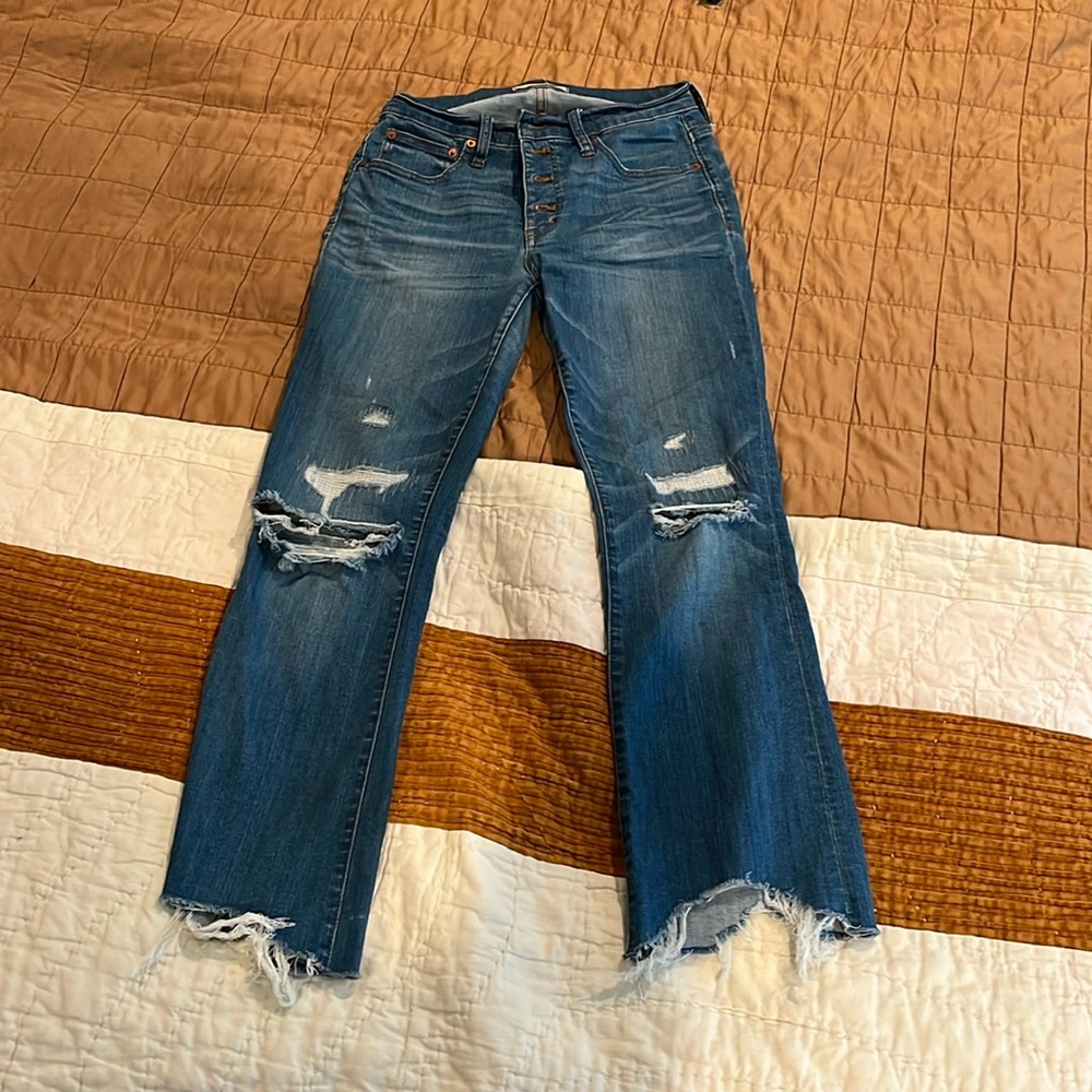 Madewell Cali Demi Boot in Bronson Wash Distressed Raw Hem Bootcut Jeans Size 26
